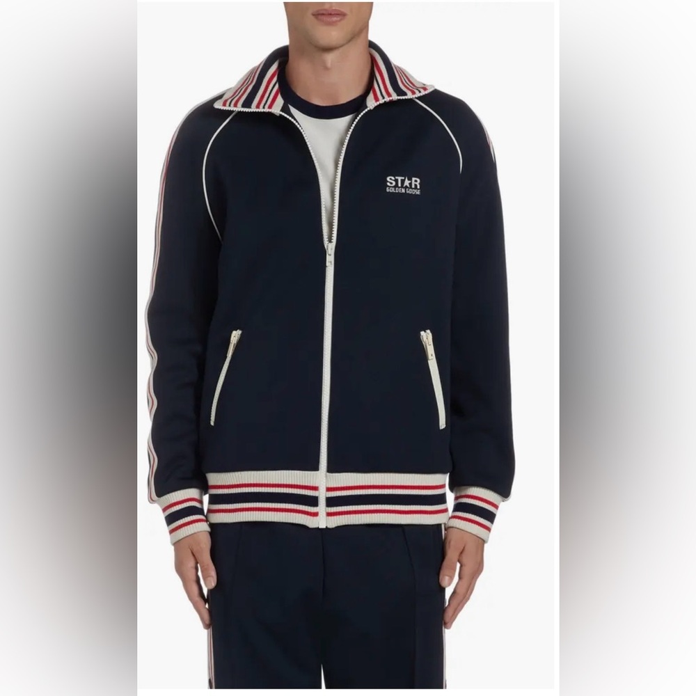 Golden goose women’s track raglan side stripe jacket zip up navy cream red S
